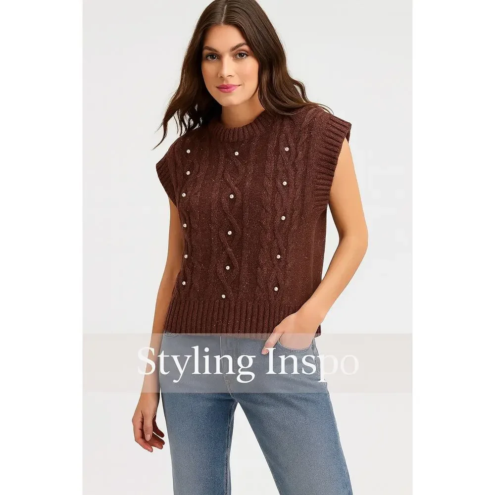 OntWelfth Metallic Knit Sleeveless Sweater Vest with Pearls – Brown Shimmer, XL - Picture 3 of 15
